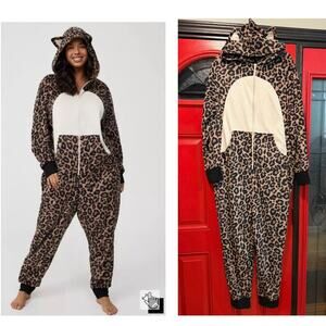 Torrid 1X/2X Leopard Cat w/Ears Punk Goth Hooded One Piece Union Suit Pajamas